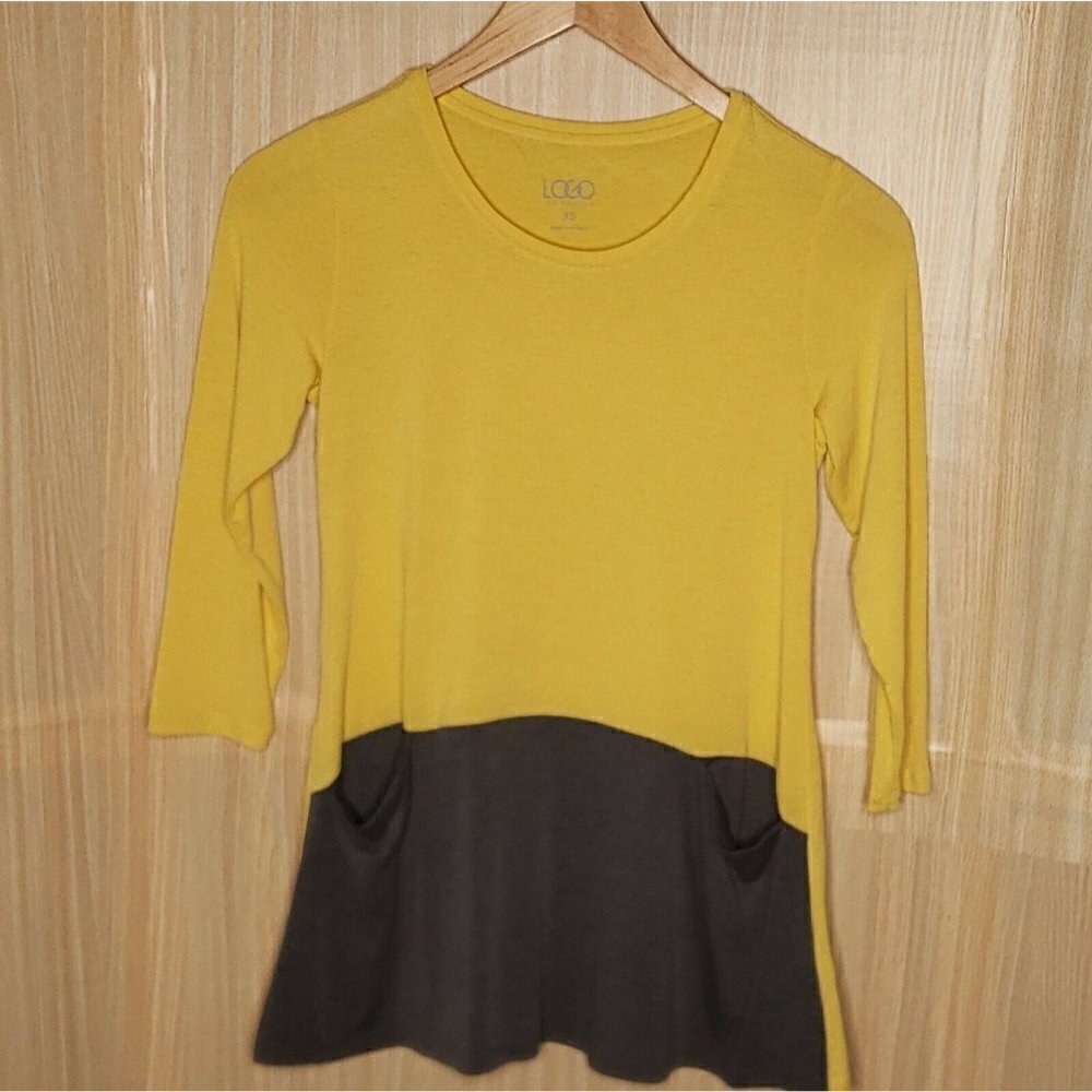 Logo Lori Goldstein Womens Grey Yellow 3/4 Sleeve Knit Tunic Top XS